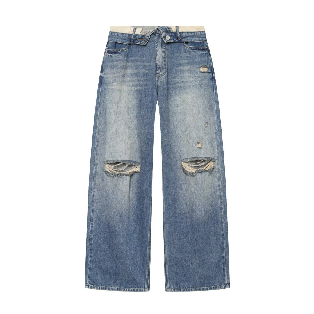 Damen Weite Ripped Denim‑Jeans mit Knie‑Löchern und hoher Leibhöhe Drune