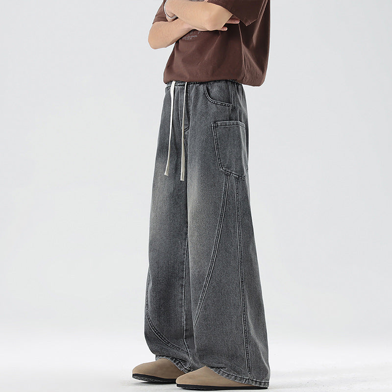 Herren Extraweite Denim-Baggyhose mit Tunnelzugbund und Paneelnähten Drune