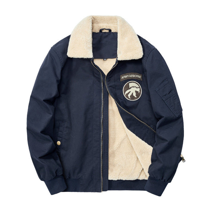 Herren Sherpa-gefütterte Canvas-Pilotenjacke mit wärmender Teddy-Innenlage, Sherpa-Kragen und Ärmel-Utilitytasche Drune