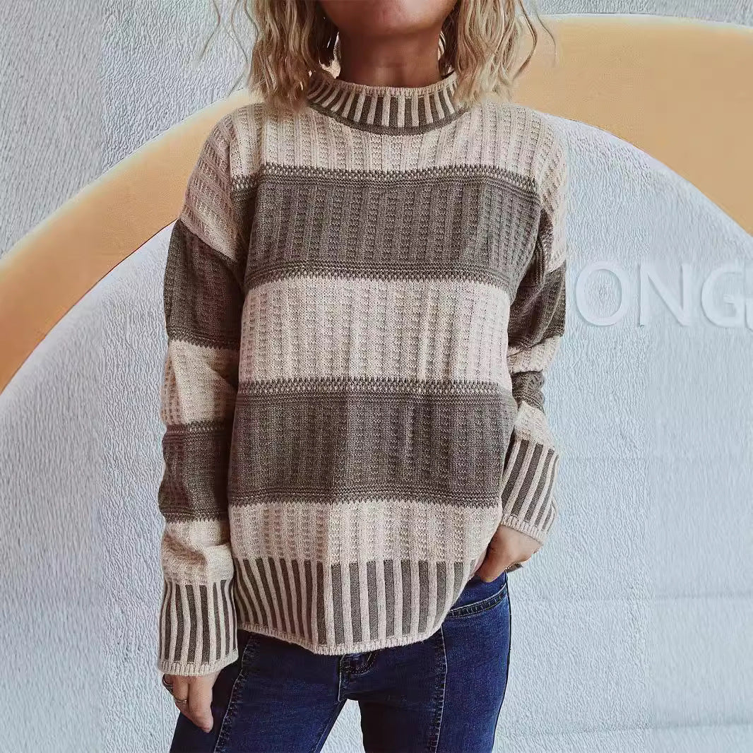 Damen modischer Strickpullover mit einzigartigem Streifenmuster und hohen Bündchen Drune