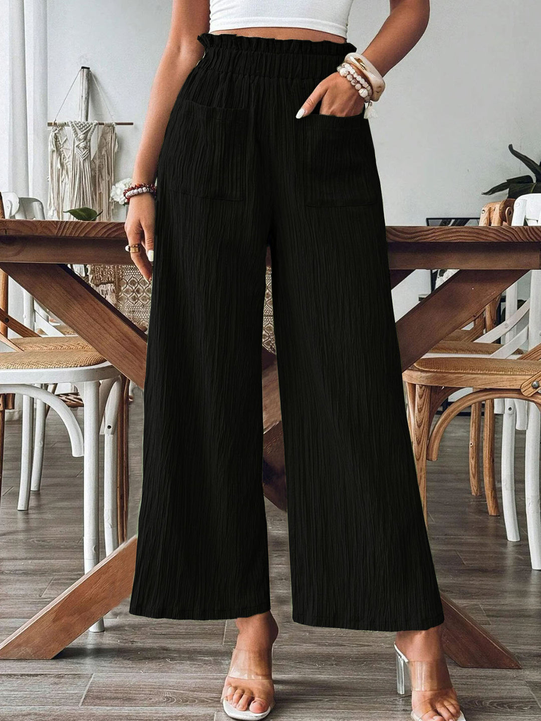 Damen lässige und leichte Palazzo-Hose mit elastischem Bund und praktischen Taschen Drune