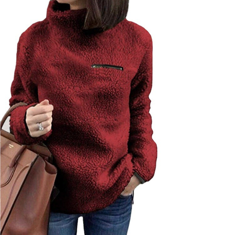 Damen nan kuscheliger Teddy-Fleecepullover mit Stehkragen und Brustreißverschluss Drune