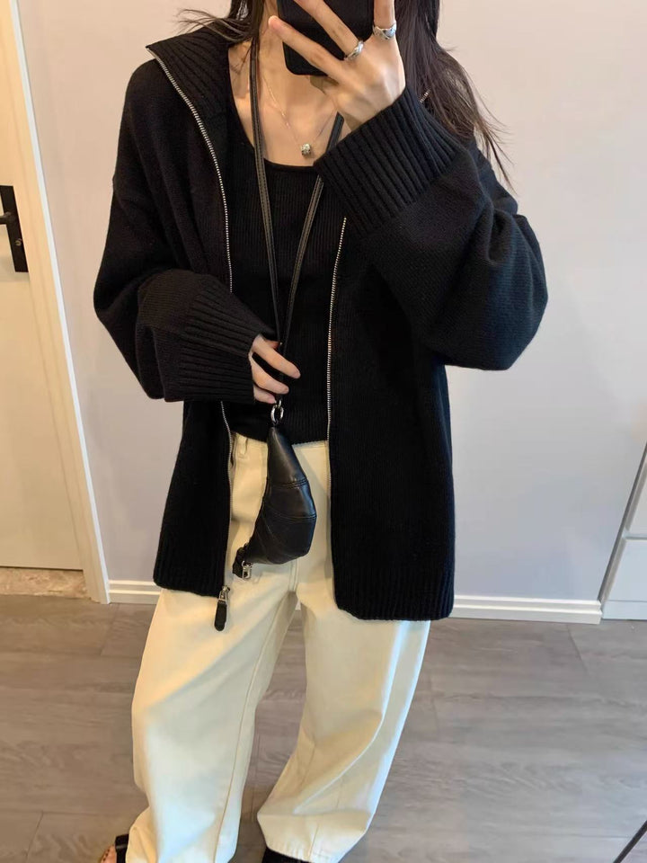 Damen doppelreihiger Strickjacke mit hohem Kragen und praktischen Taschen Drune