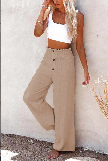 Damen weite Palazzo-Hose mit Knopfdetail und elastischem Bund Drune