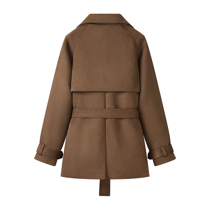 Damen Kurz-Trenchcoat in Wolloptik Doppelreiher mit Taillengürtel Drune
