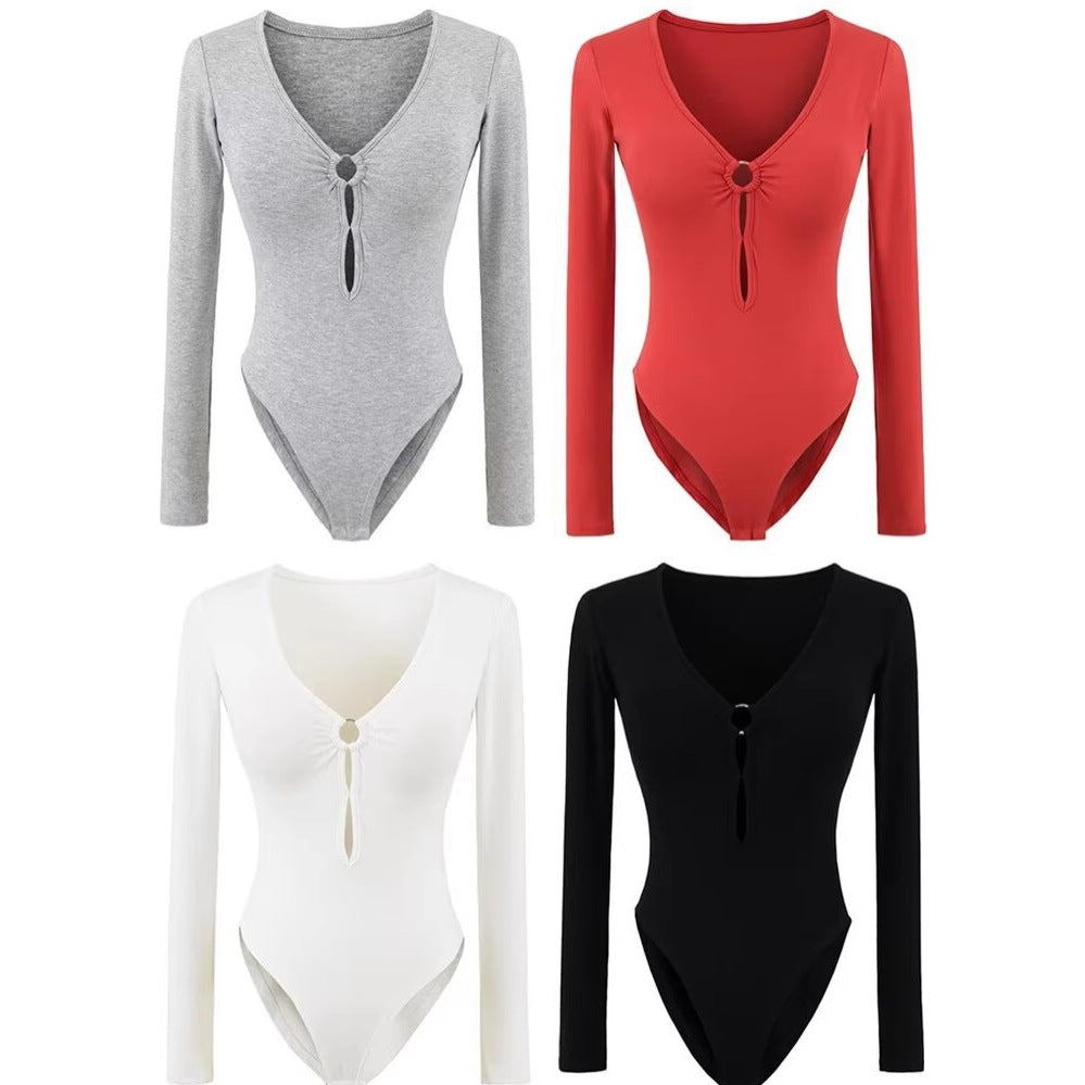 Damen Langarm Bodysuit mit elegantem V-Ausschnitt und dekorativem Ringdetail Drune