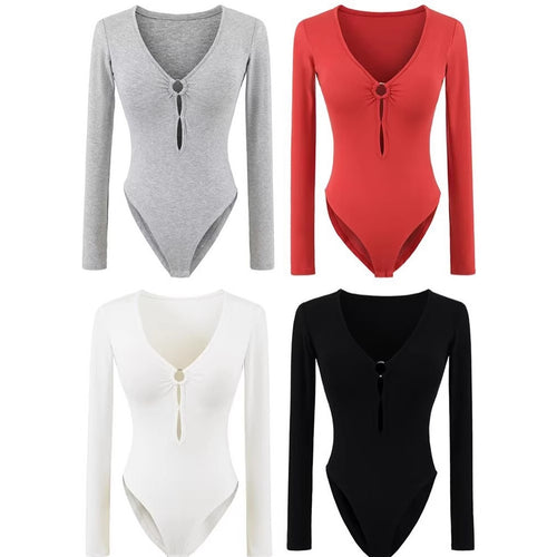 Damen Langarm Bodysuit mit elegantem V-Ausschnitt und dekorativem Ringdetail Drune