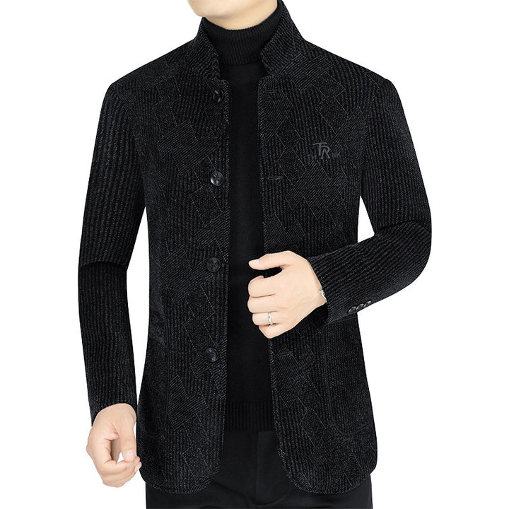 Herren Moderner Stehkragen-Blazer im Bouclé-Look mit feiner geometrischer Struktur Drune