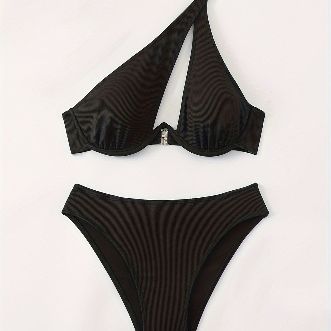 Damen Bikini-Set mit asymmetrischem Trägerdesign und unterstützendem Push-Up-Oberteil Drune