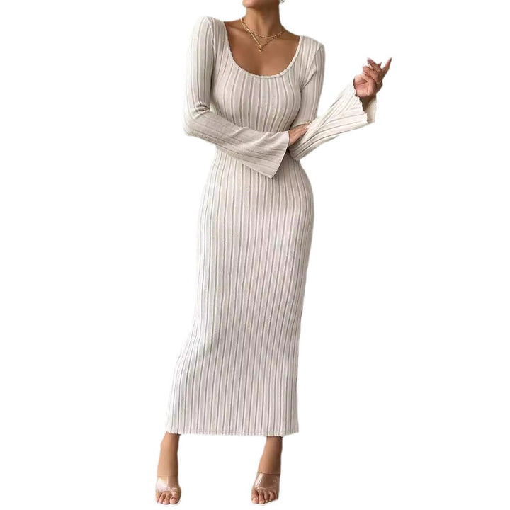 Damen geripptes Midaxi-Kleid mit U-Ausschnitt, figurbetonter Stretch-Silhouette und ausgestellten Ärmeln Drune
