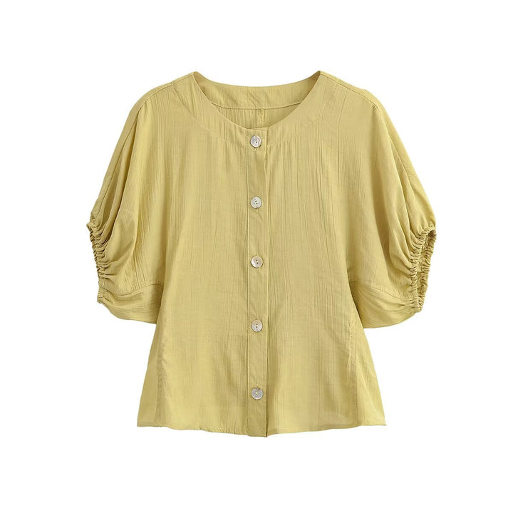 Damen Leichtes Crinkle-Blusen-Shirt mit Knopfleiste und gerafften Ballonärmeln Drune