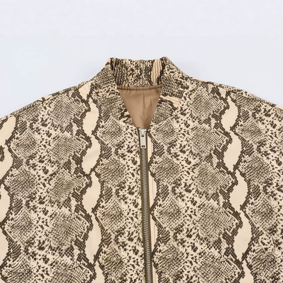 Damen Leichte Schlangenprint-Bomberjacke mit Stehkragen, Reißverschluss und gerafften Bündchen Drune