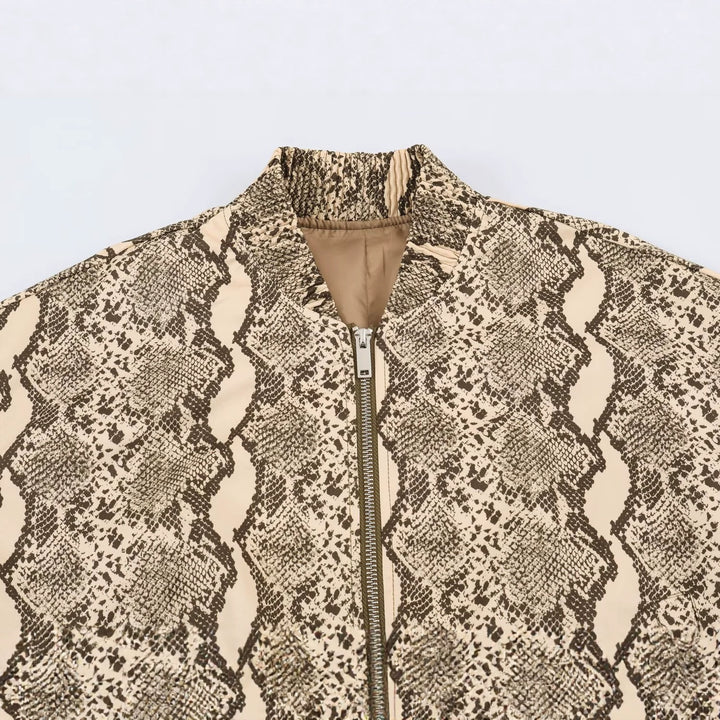 Damen Leichte Schlangenprint-Bomberjacke mit Stehkragen, Reißverschluss und gerafften Bündchen Drune
