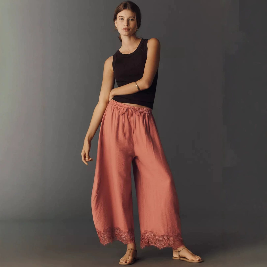 Damen Weite Palazzo-Hose mit elastischem Tunnelzugbund und Spitzenbesatz Drune