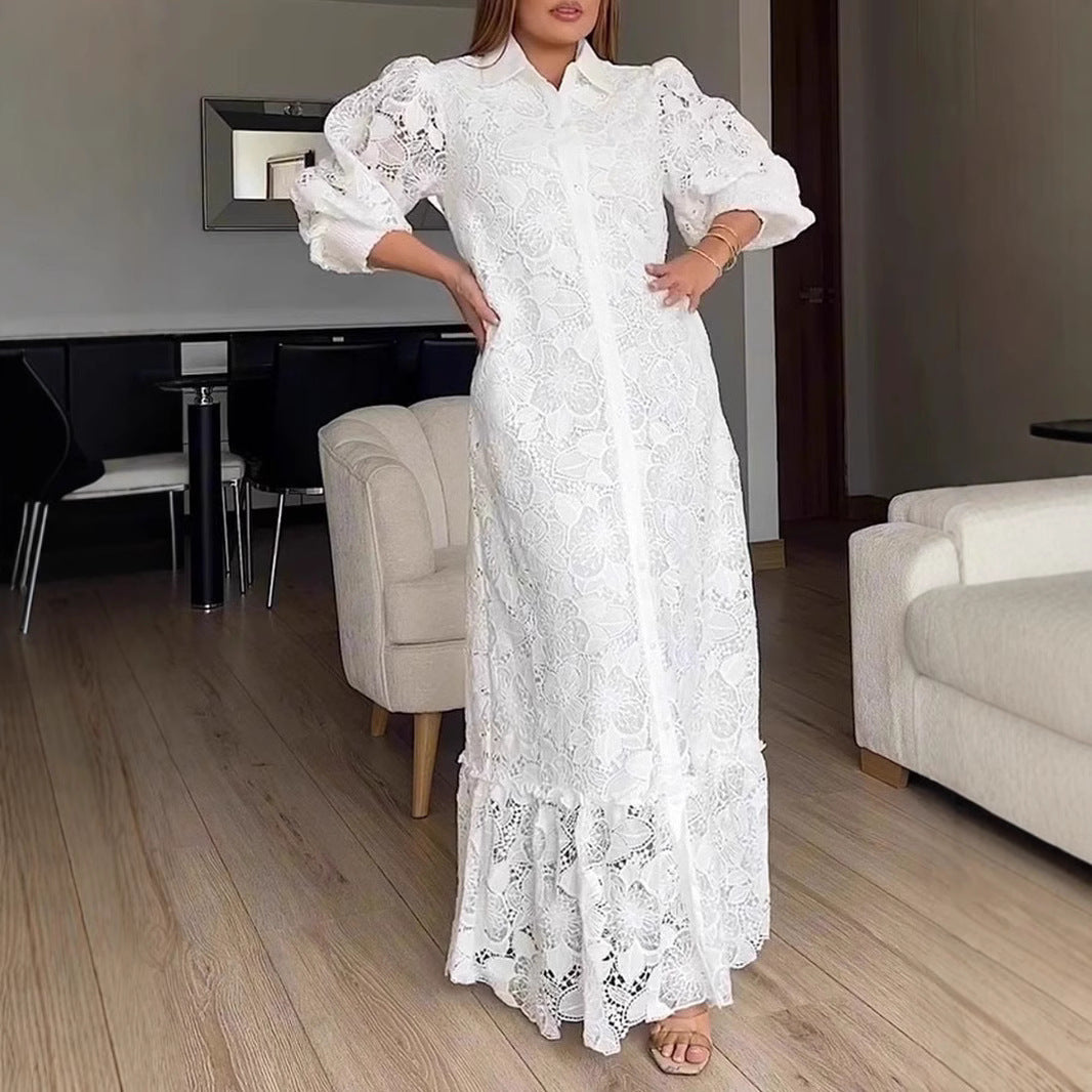 Damen nan Maxikleid aus Häkelspitze mit Hemdkragen und Puffärmeln Drune