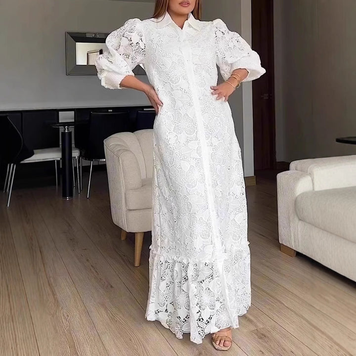 Damen nan Maxikleid aus Häkelspitze mit Hemdkragen und Puffärmeln Drune