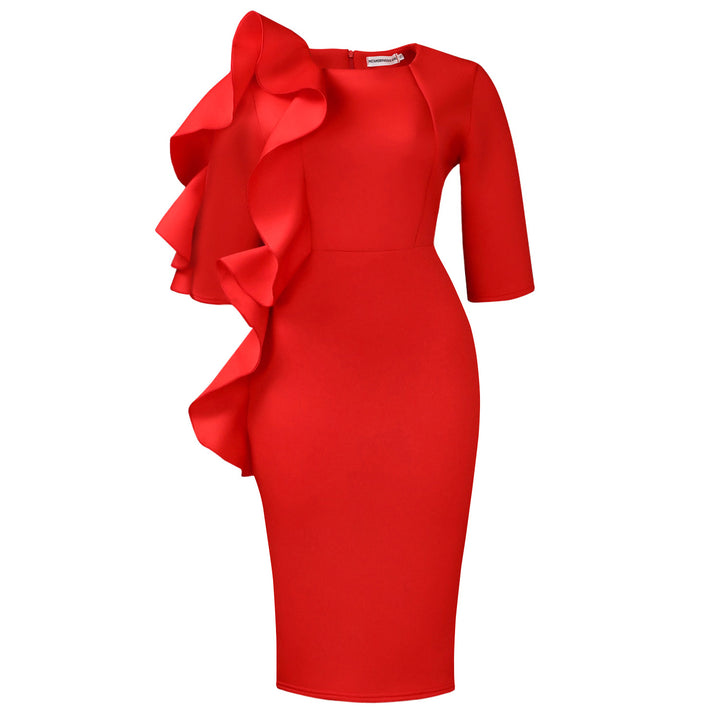 Damen figurbetontes Kleid mit asymmetrischem Rüschendesign Drune
