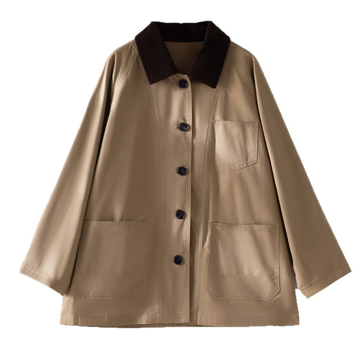 Damen Oversized Baumwoll-Utility-Jacke mit Kontrastkragen und aufgesetzten Taschen Drune