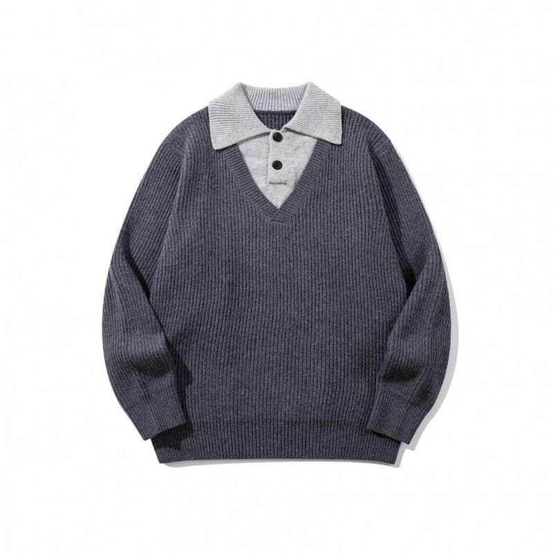 Unisex Grobstrick-Kastenpullover mit V-Ausschnitt und kontrastierendem Polo-Knopfkragen Drune