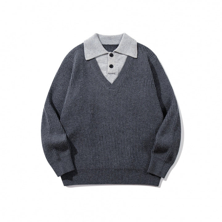 Unisex Grobstrick-Kastenpullover mit V-Ausschnitt und kontrastierendem Polo-Knopfkragen Drune