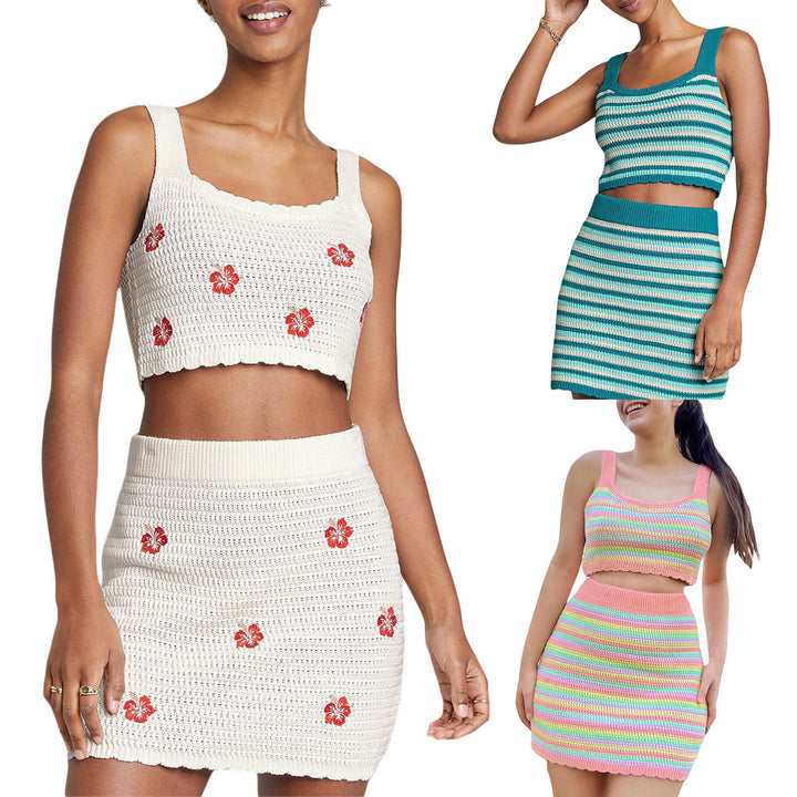 Damen gehäkeltes Crop-Top und Minirock-Set mit floralen Akzenten Drune