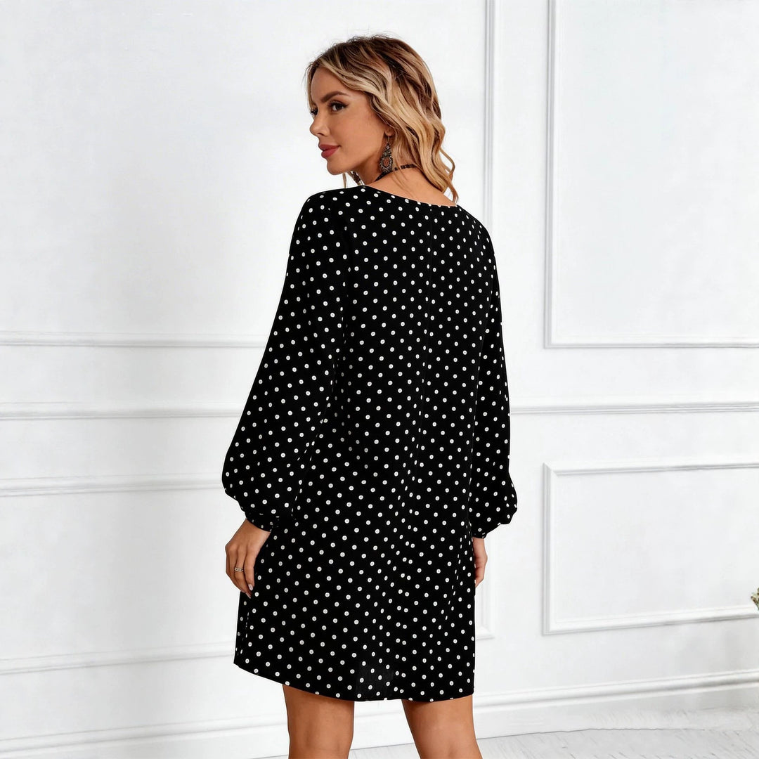 Damen Lockeres Tupfen‑Minikleid mit V‑Ausschnitt, Ballonärmeln und schwingender A‑Linie Drune