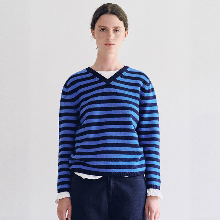 Damen V-Ausschnitt Pullover mit Streifenmuster Drune