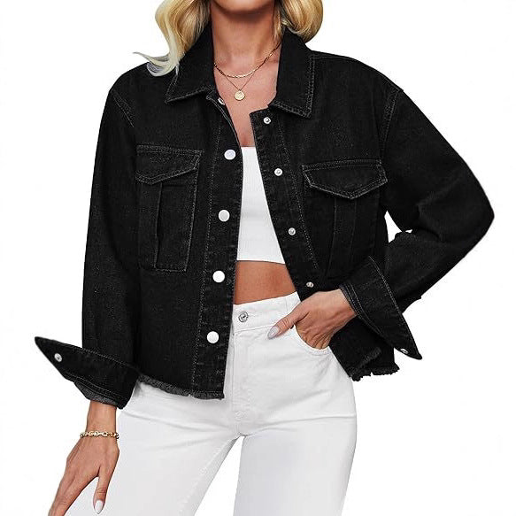 Damen Kurz geschnittene Oversize-Jeansjacke mit rohem Saum und aufgesetzten Brusttaschen Drune