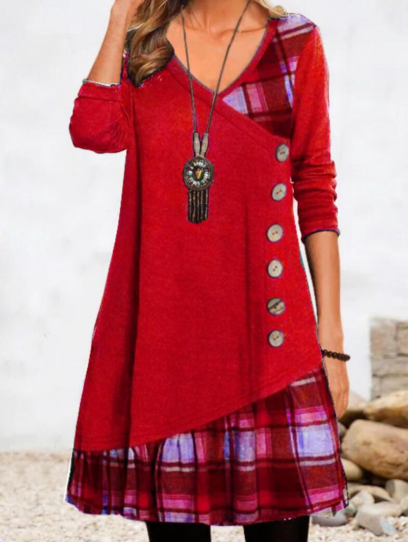 Damen nan asymmetrisches V-Ausschnitt-Tunika-Kleid mit Zierknopfleiste und Animalprint-Besatz Drune
