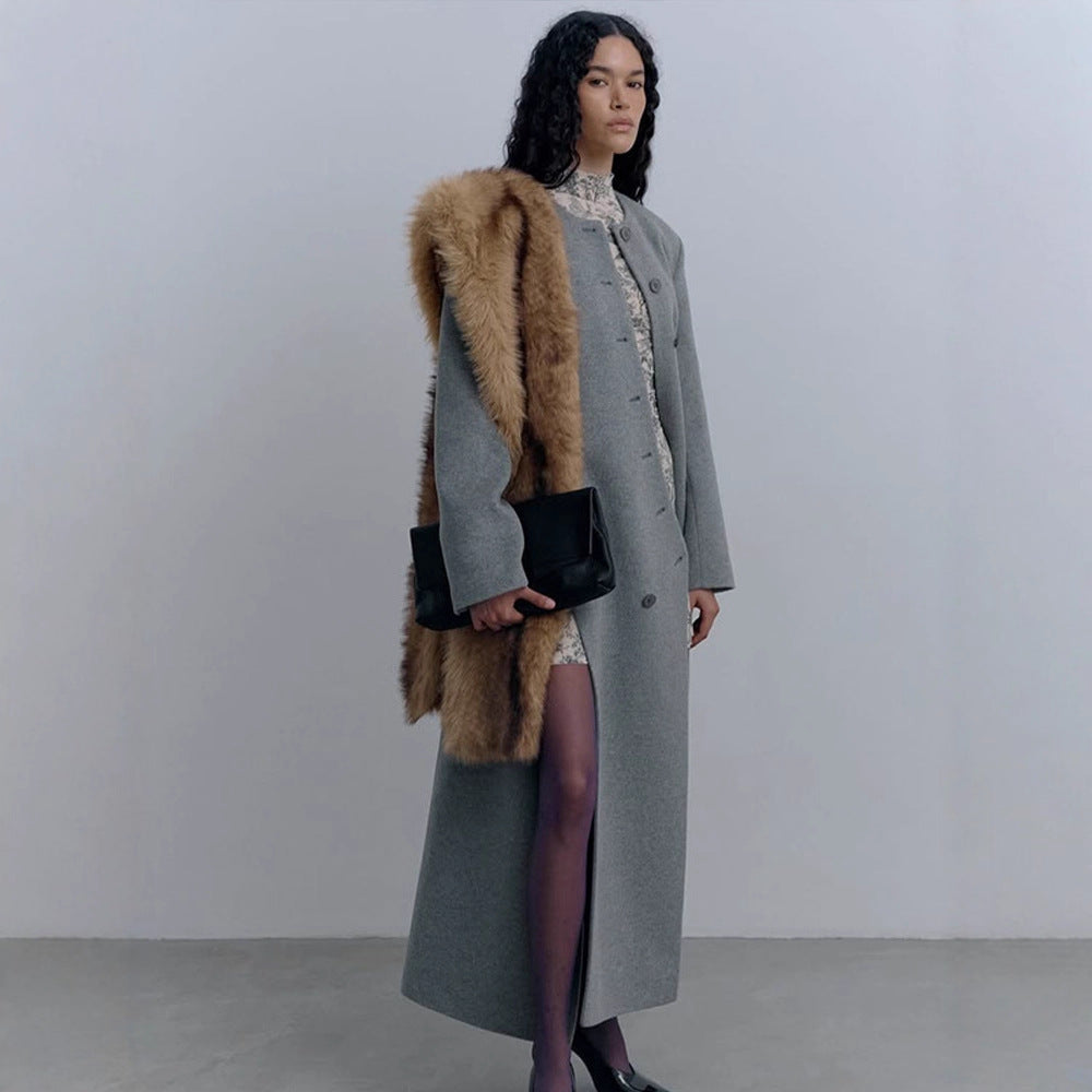 Damen Langer taillierter Wollmix-Mantel mit Rundhalsausschnitt und asymmetrischer Knopfleiste Drune