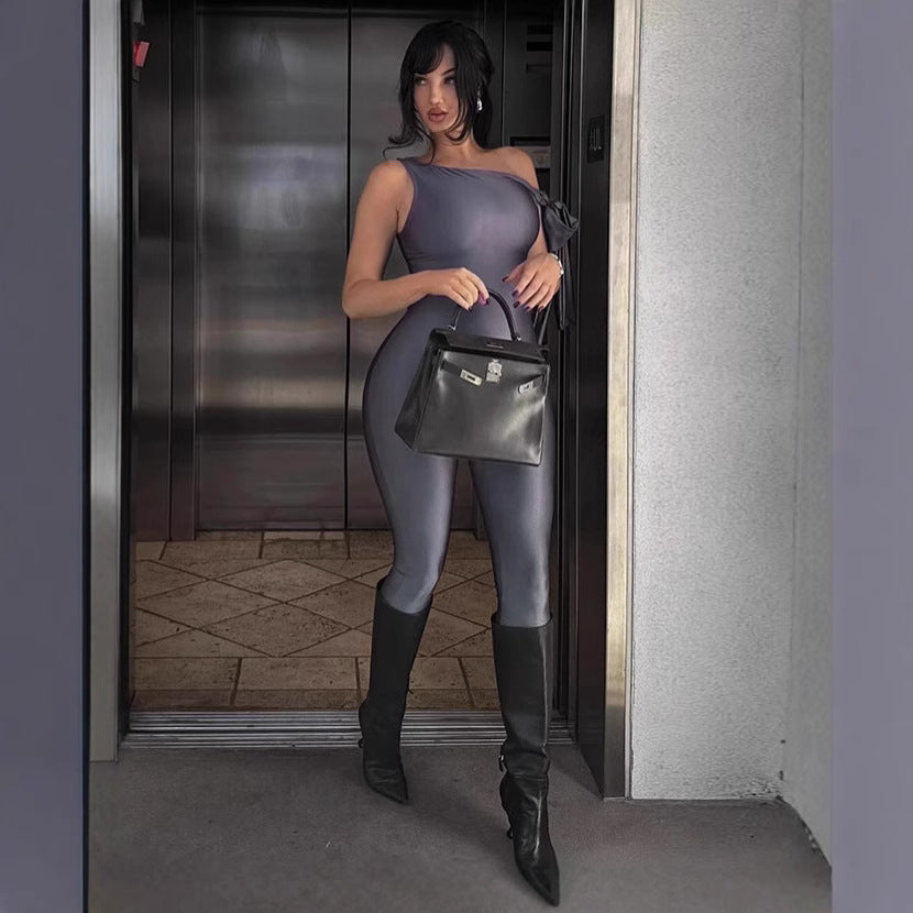 Damen Eleganter Einteiler mit asymmetrischem Schnitt und Chiffonärmel Drune