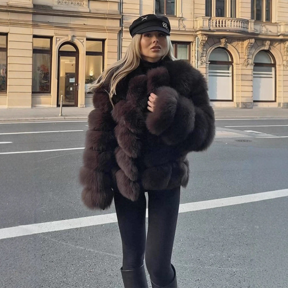 Damen Kurzer Plüsch-Boxy Kunstpelz-Blouson mit gestuften Volumenbahnen Drune