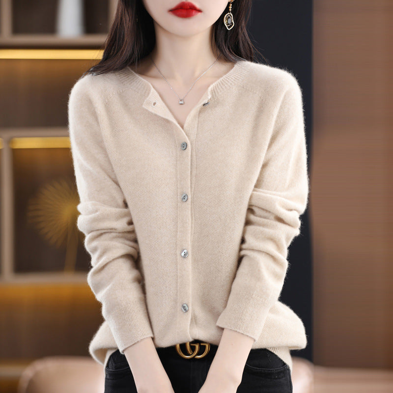 Damen Kurzgeschnittener Cardigan in Mohair‑Optik mit Rundhalsausschnitt und Perlmuttknöpfen Drune