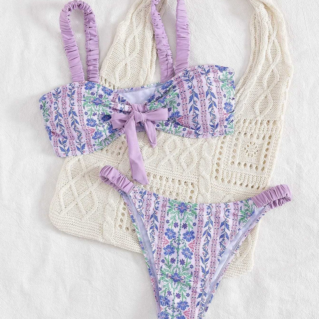 Damen Bandeau-Bikini mit floralem Design und verspielten Rüschen Drune