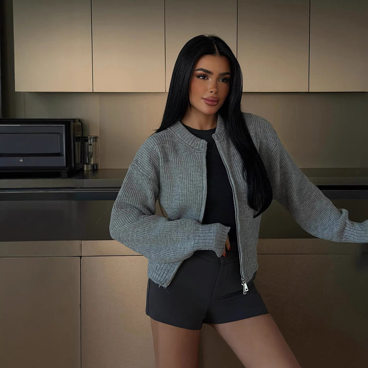 Damen Schicke Strickjacke mit Reißverschluss und breiten Bündchen