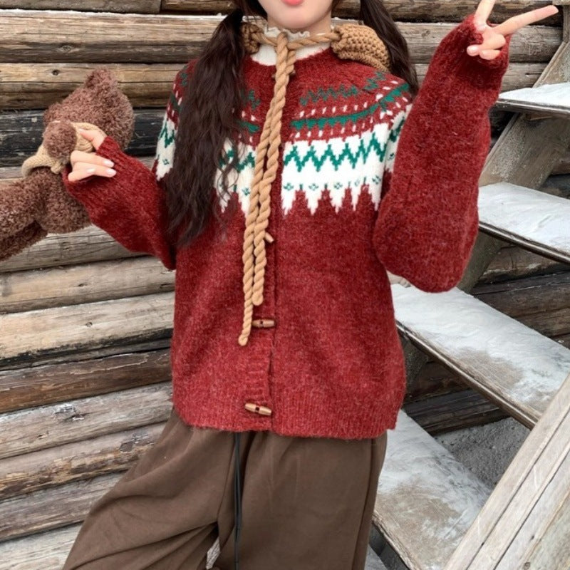 Damen Gemütlicher Strickpullover mit traditionellem Norweger-Muster und Kapuze Drune