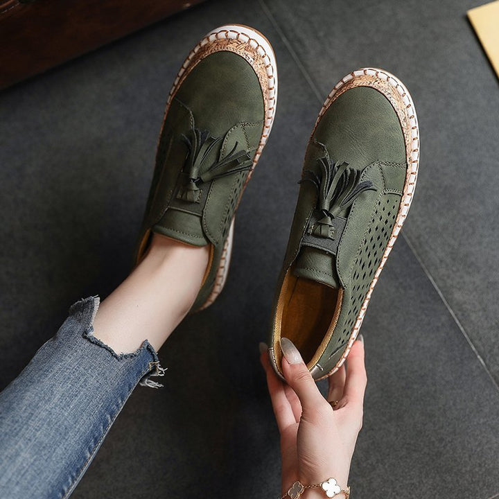 Damen perforierter Tassel-Slip-On Loafer mit Korkoptik-Plateau und gepolstertem Komfortfußbett Drune