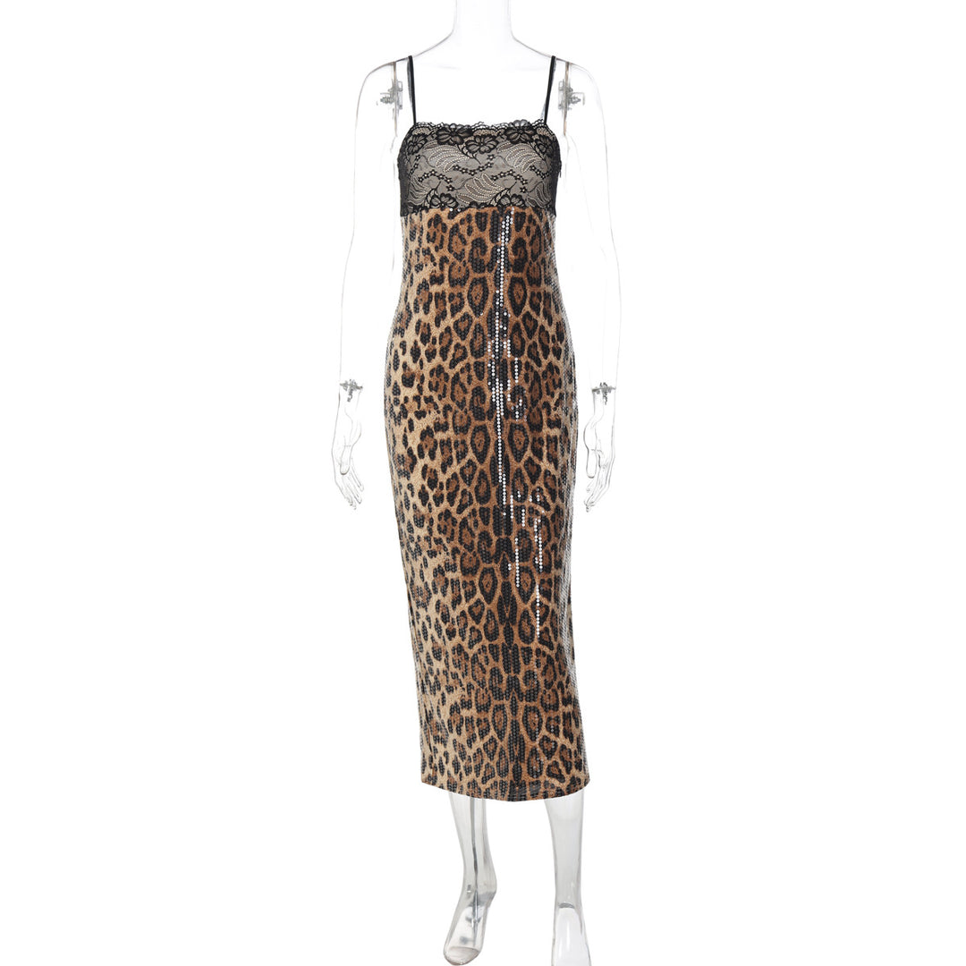 Damen Elegantes und verführerisches Leopardenspitzenkleid Drune