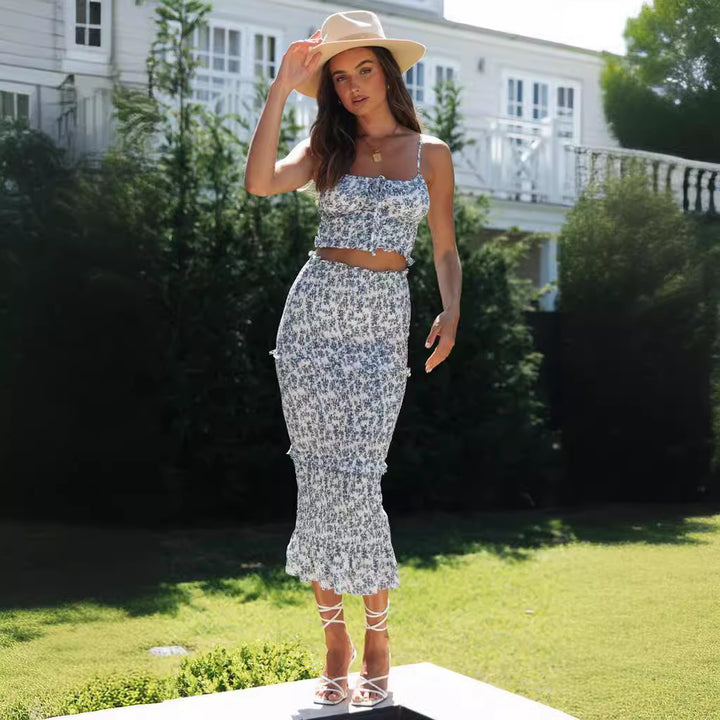 Damen Zweiteiliges Set ausCrop-Top und Midi-Rock mit floralem Design Drune