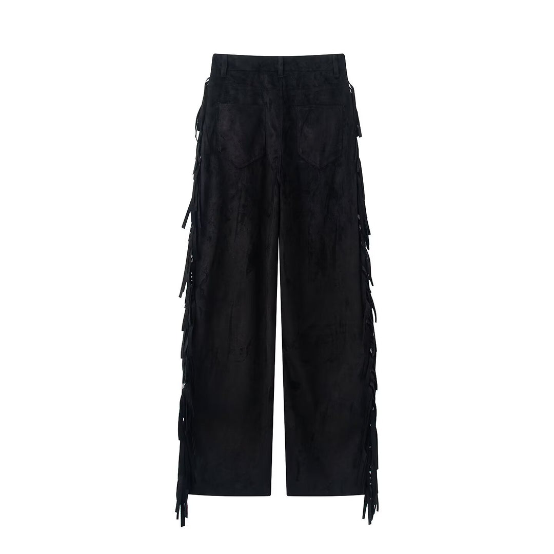 Damen Weite High-Waist-Hose mit seitlichen Fransen und Knopfverschluss Drune