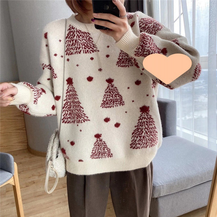 Damen gemütlicher Pullover mit Weihnachtsbaum-Muster Drune