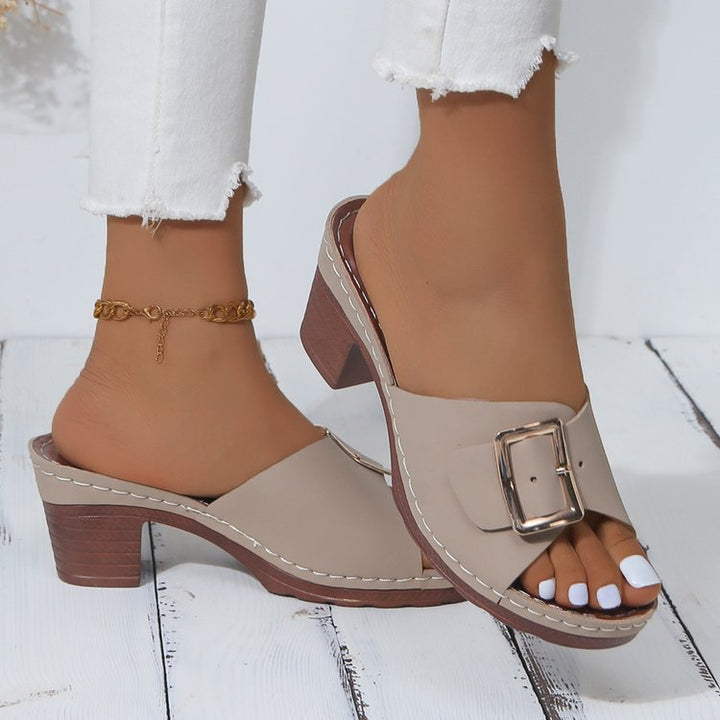 Damen Offene Slip-On Mules mit mittelhohem Blockabsatz und großer Zierschnalle Drune