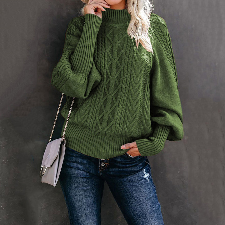 Damen Grobstrick-Pullover mit Zopfmuster, Stehkragen und Ballonärmeln Drune