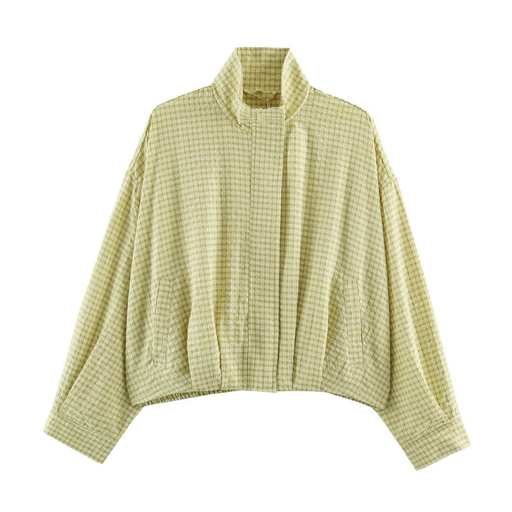 Damen Karo-Übergangsjacke im Oversize-Cropped-Schnitt mit hohem Stehkragen Drune