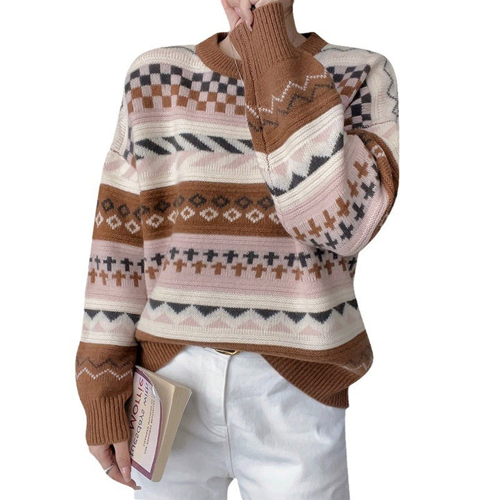 Damen Grobstrickpullover mit geometrischem Muster und weitem Schnitt Drune