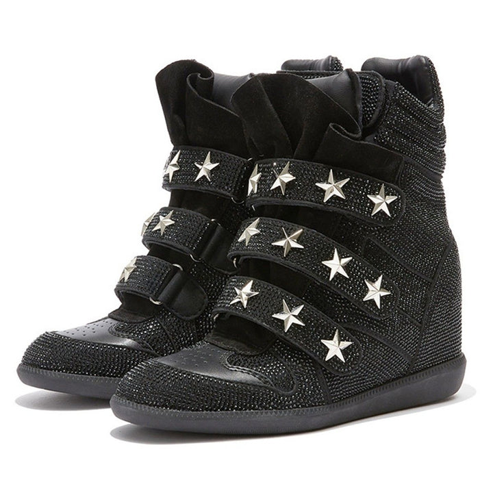 Damen Keil-Sneaker mit verstecktem Absatz, Strassbesatz und Sternnieten Drune