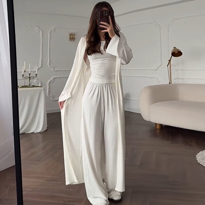 Damen Loungewear-Kombination aus langärmligem Oberteil und weiten Palazzo-Hosen Drune