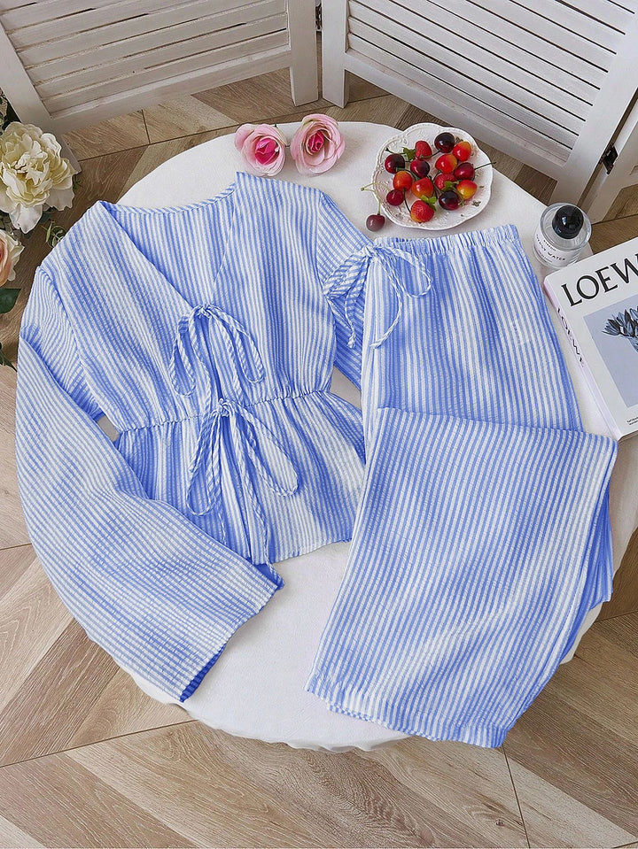 Damen nan gestreiftes Leinenähnliches Homewear-Set mit gerafftem Tunnelzugoberteil und elastischer Bundhose Drune