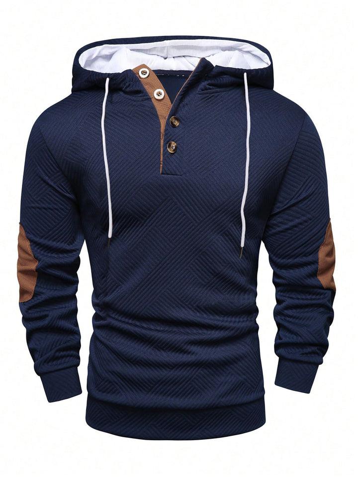 Herren nan strukturierter Kapuzenpullover im Henley-Stil mit Kontrastbesatz und Ellenbogenaufnähern Drune