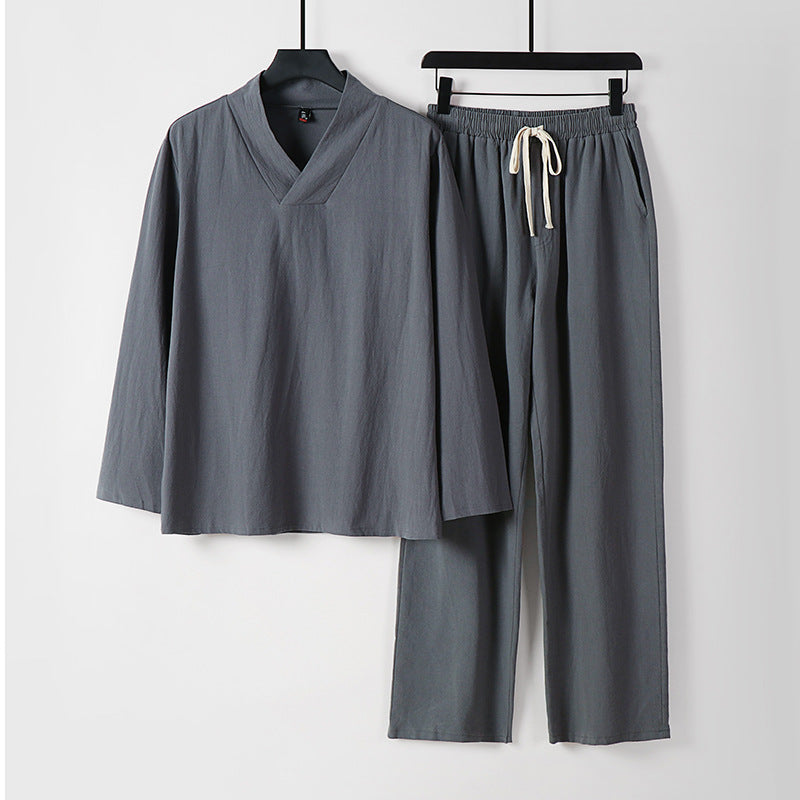 Unisex Zen-inspiriertes Leichtes Loungewear-Set mit V-Ausschnitt-Shirt und Elastischer Kordelbund-Hose Drune